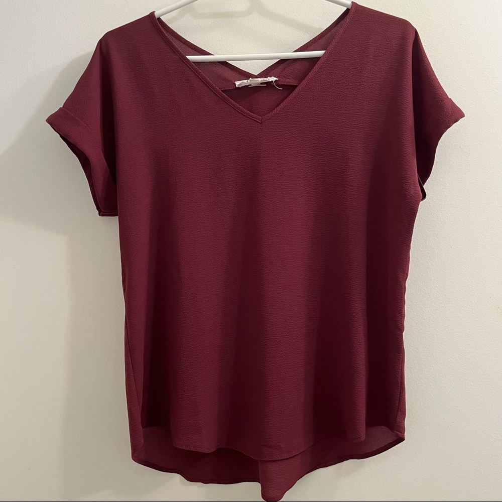 Pink Rose Burgundy Top with Rolled Sleeve Detail size S
